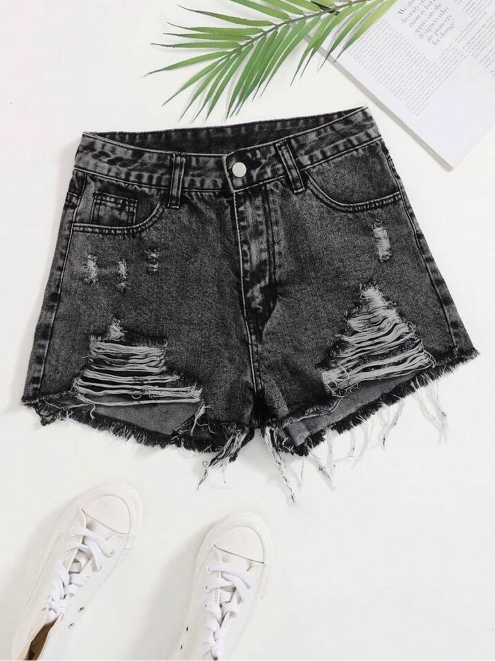 Distressed High-Waist Black Denim Shorts